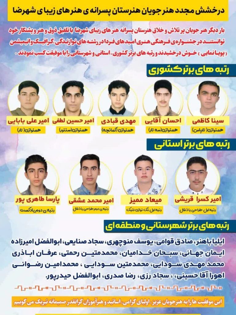 درخشش هنرجویان هنرستان هنرهای زیبای شهرضا در جشنواره فرهنگی هنری «امیدهای فردا»